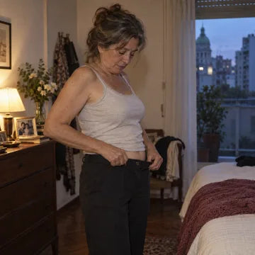 Mujer adulta aflojándose el pantalón en su habitación al anochecer.
