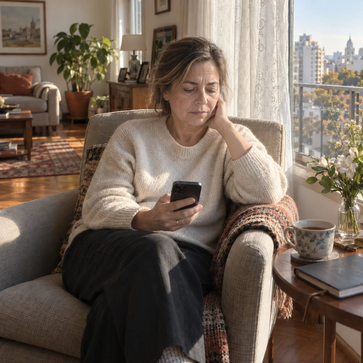 Mujer adulta sentada en un sillón junto a la ventana, mirando su celular.