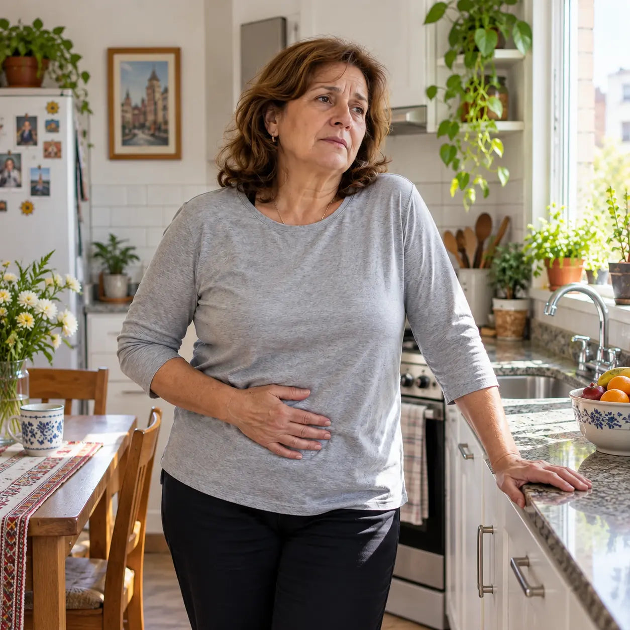 Mujer adulta en una cocina luminosa, con una mano sobre el abdomen y otra apoyada en la mesada.