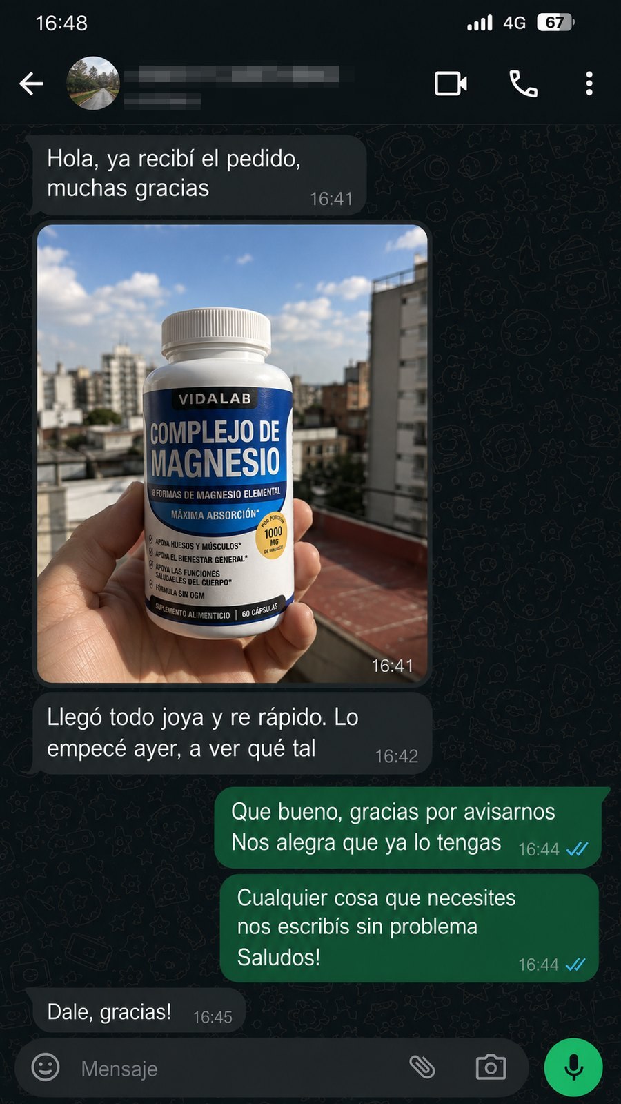 Mensaje de una clienta con su pedido recibido