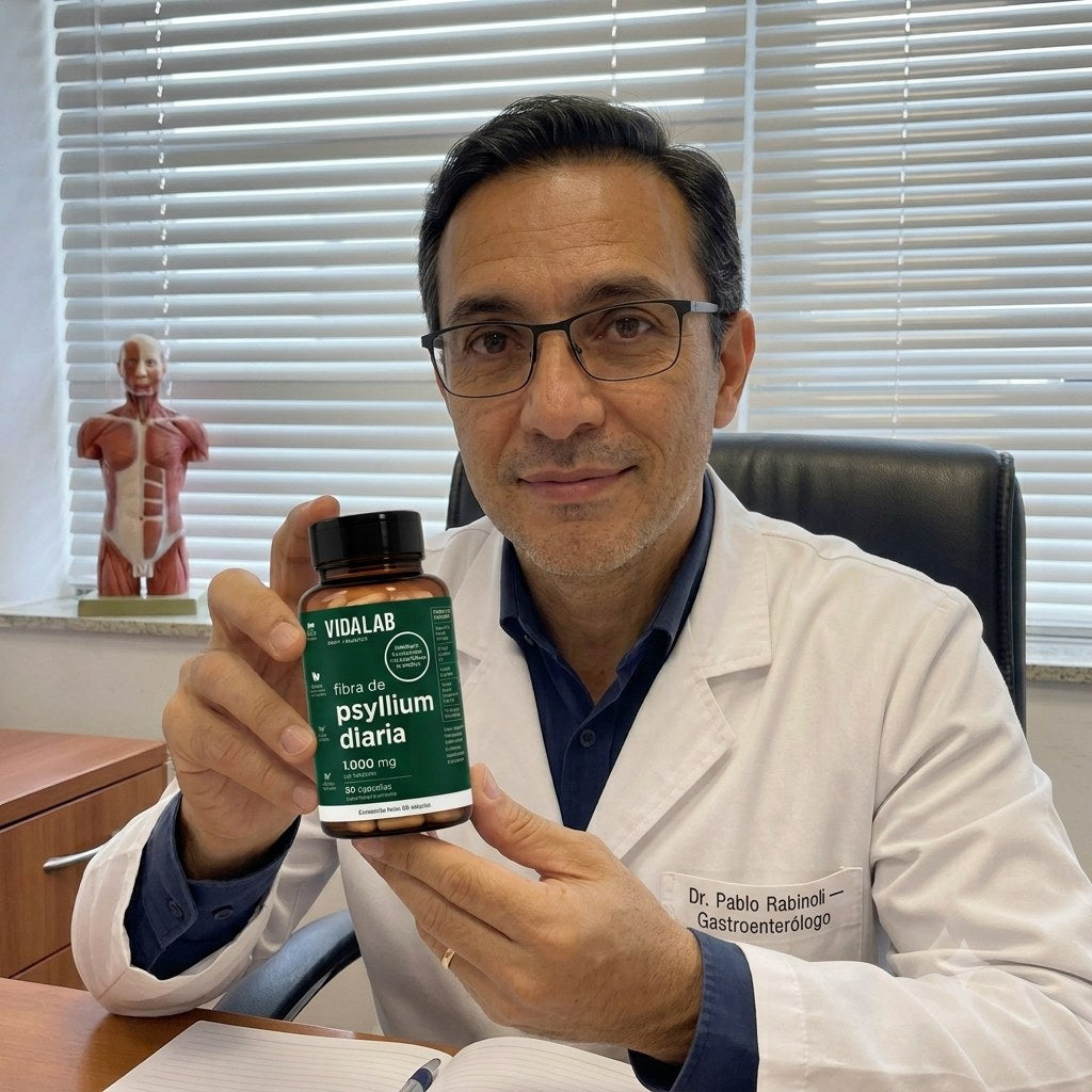 Profesional con el frasco de VIDALAB en su consultorio