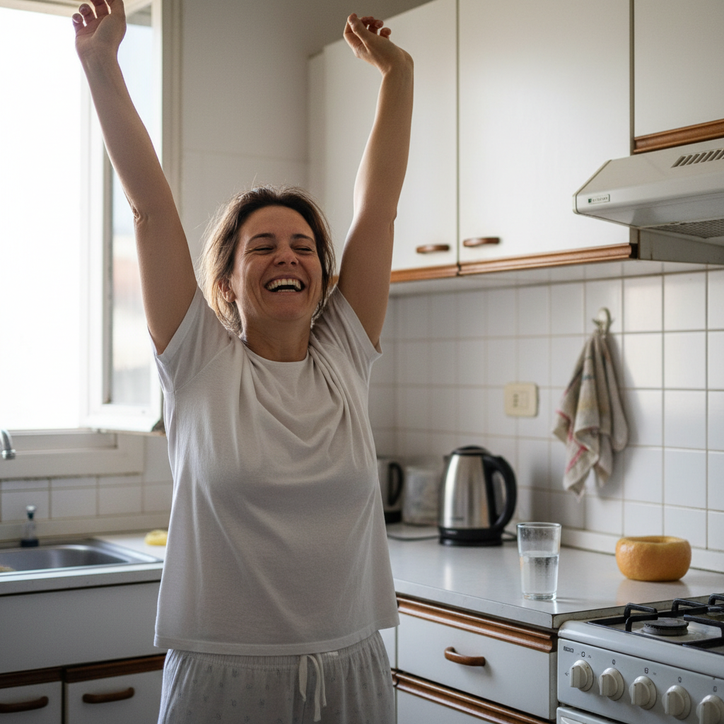 Mujer estirándose en su cocina a la mañana