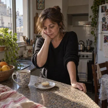 Mujer adulta mirando algo dulce junto a una taza de té en su cocina.