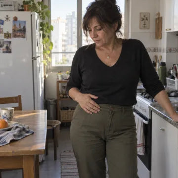 Mujer adulta en su cocina con una mano apoyada sobre la panza.
