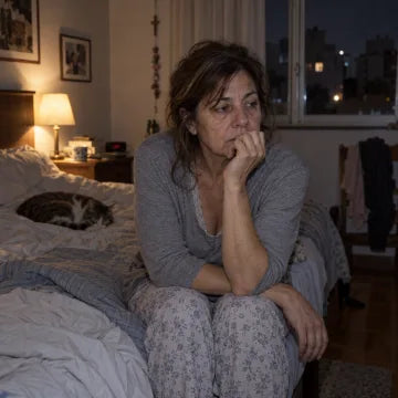 Mujer adulta despierta en su cama durante la noche.