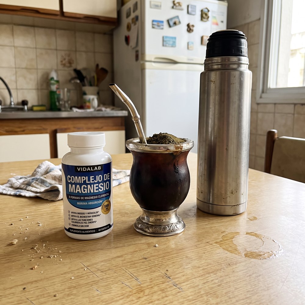 El frasco de VIDALAB Complejo de Magnesio sobre la mesa de una cocina