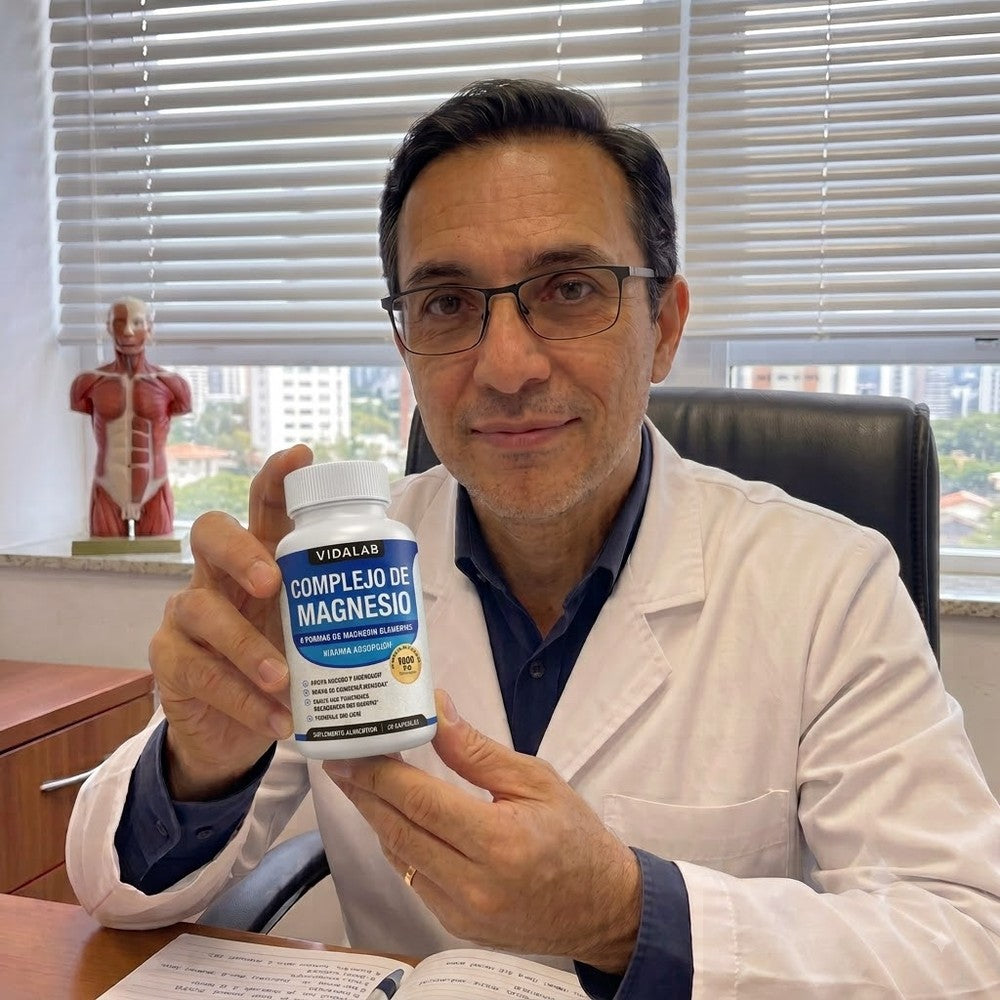 Profesional con el frasco de VIDALAB en su consultorio