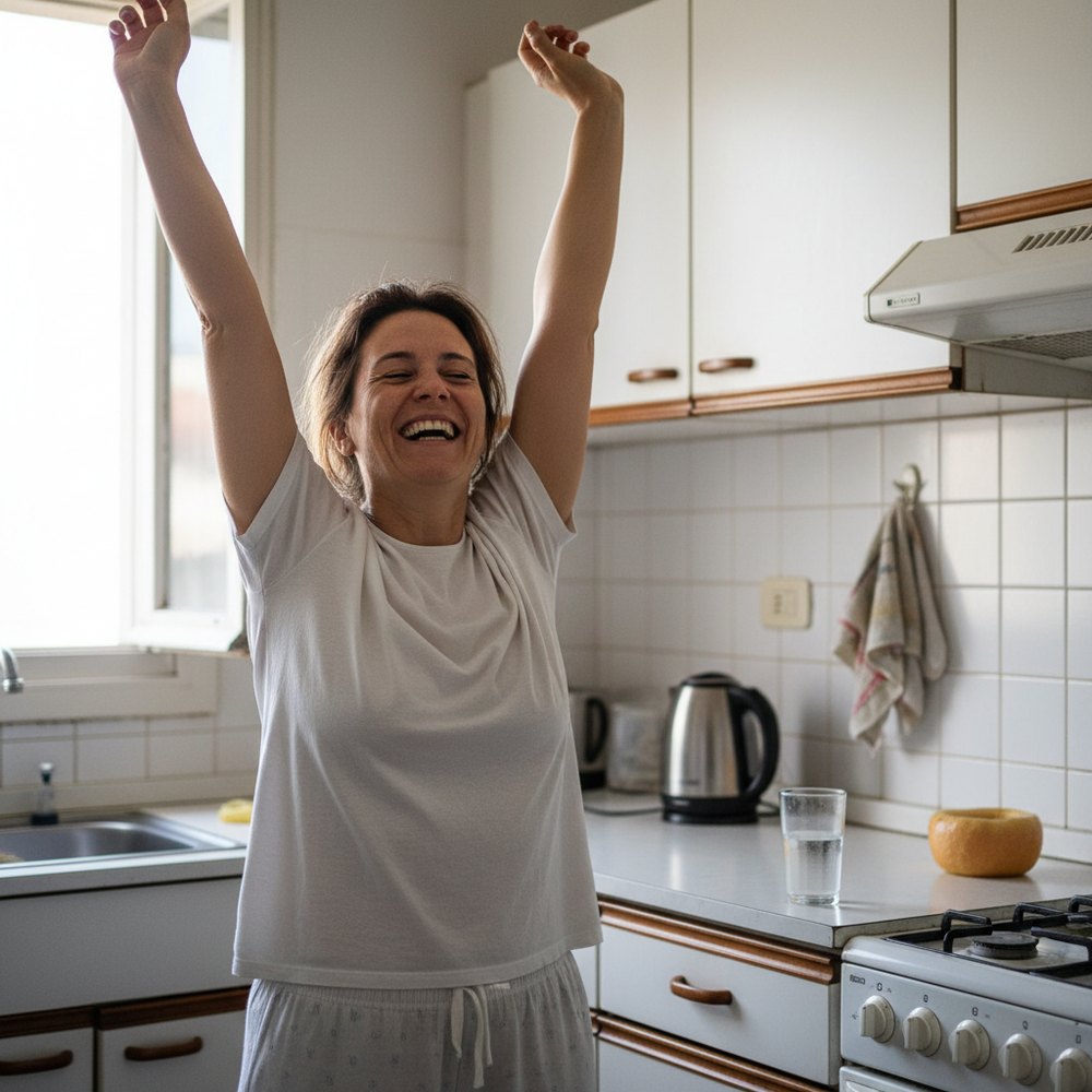 Mujer estirándose en su cocina a la mañana