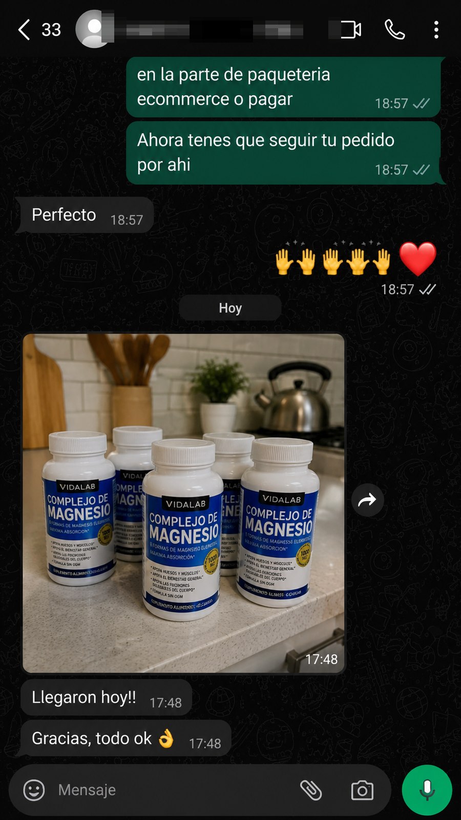 Mensaje de una clienta con su pedido recibido